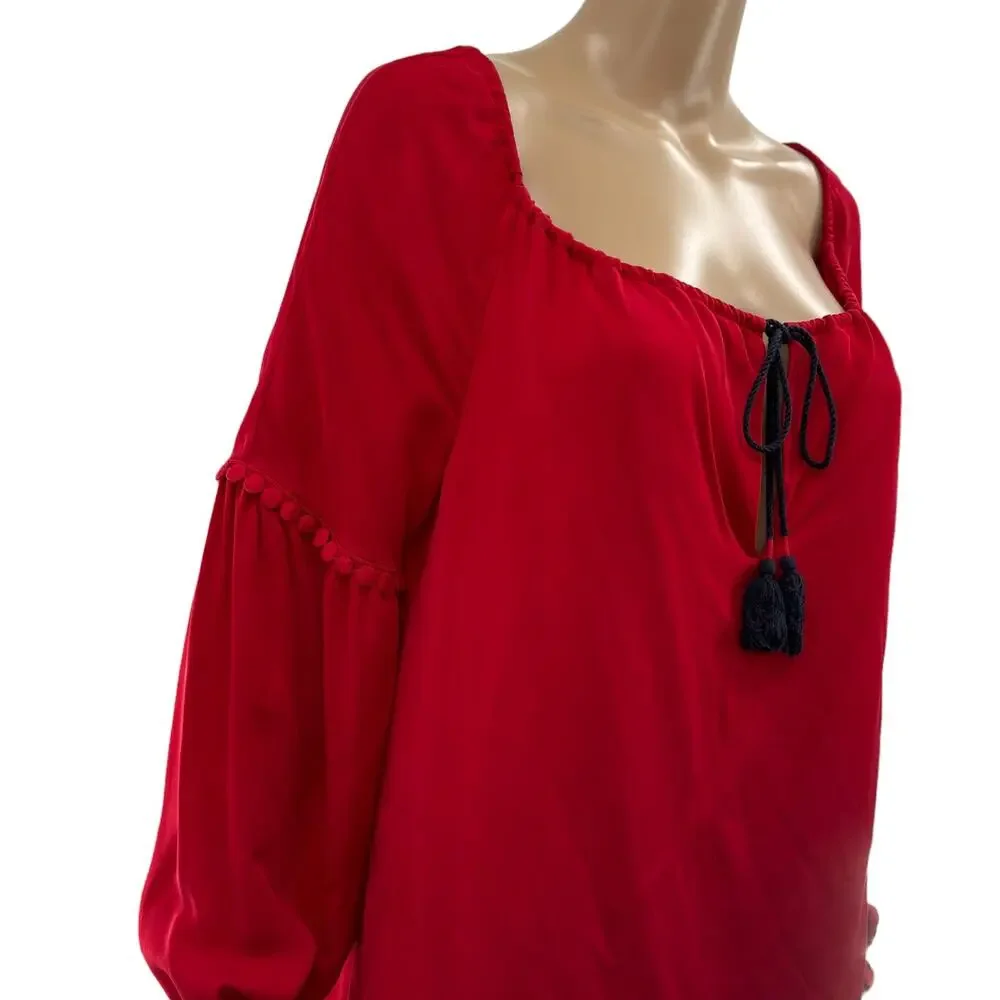 Tory Burch Sylvie Red Silk Tassel Tie Peasant Blouse